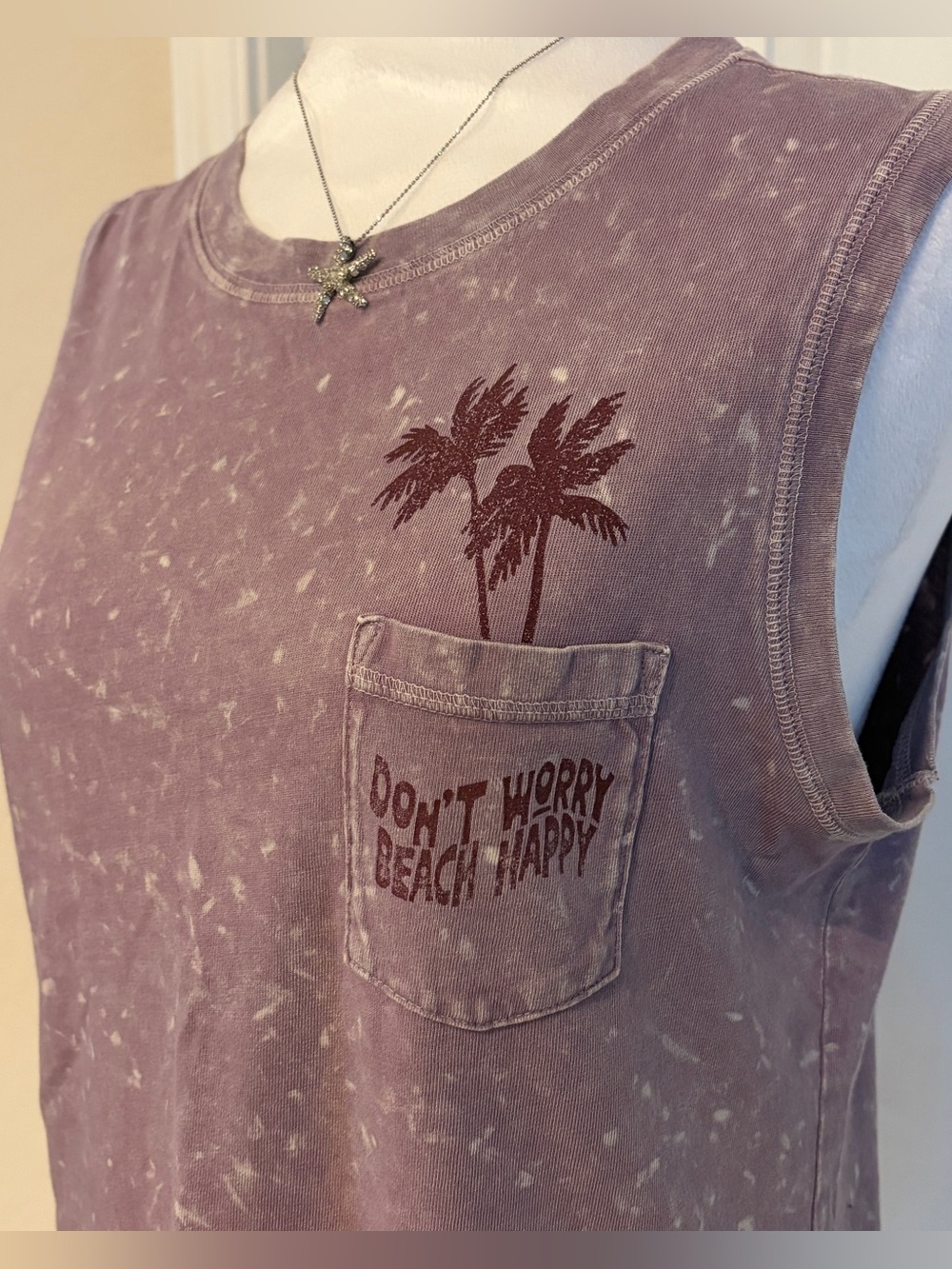 Purple/Lavender Acid Washed Sleeveless Tank with Pocket Palm Graphic